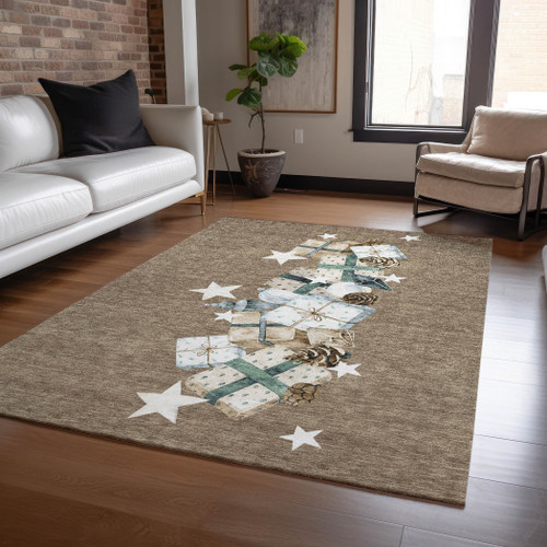 5' X 8' Brown Beige Ivory And Taupe Presents Washable Indoor Outdoor Area Rug