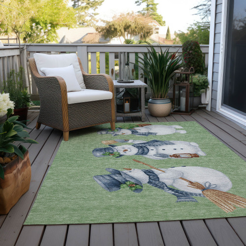 3' X 5' Artichoke Green Denim Blue And Ivory Snowmen Washable Indoor Outdoor Area Rug