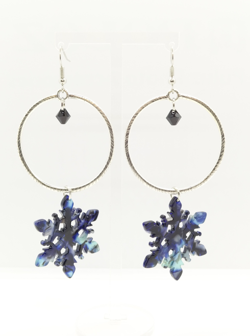 Christmas-Acrylic Snowflake Silver Hoops with Jet Crystal
