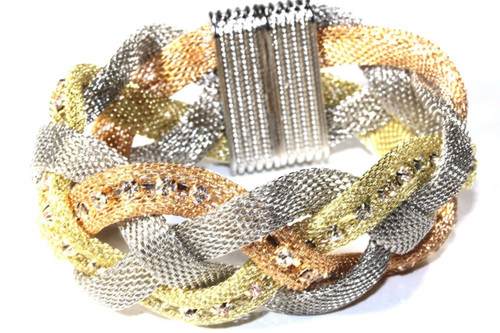 Three Tone Sparkle Braid Bracelet - Gold/Copper/Silver - 7.5