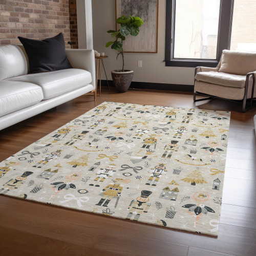3' X 5' Beige Gold Black And Gray Nutcracker Washable Indoor Outdoor Area Rug