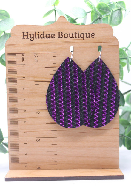 Metallic Purple & Black Textured Stripes || Teardrop Faux Leather Earrings || Hypoallergenic