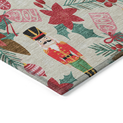 5' X 8' Beige Red Black Pink And Brown Floral Washable Indoor Outdoor Area Rug