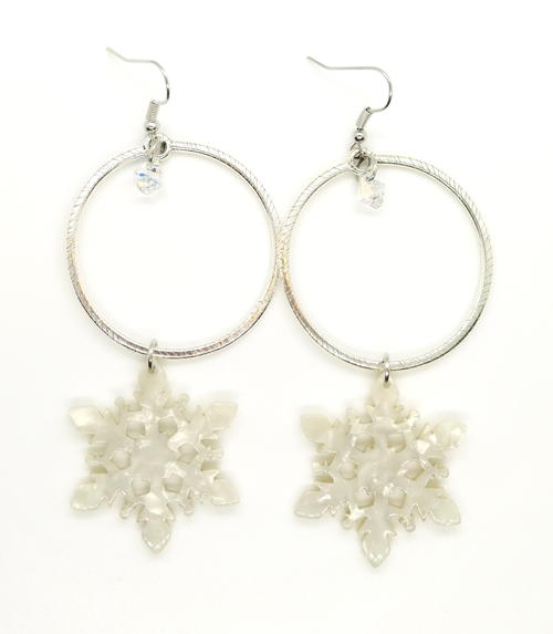 Christmas-Acrylic Snowflake Silver Hoops