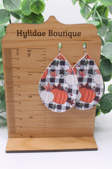 Pumpkins on White Plaid || Teardrop Faux Leather Earrings || Hypoallergenic