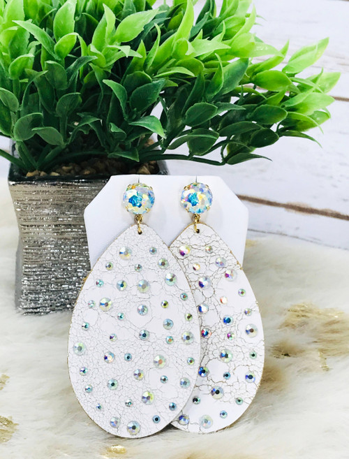 Clear AB Crystal & Vintage Crackle Leather Stud Earrings