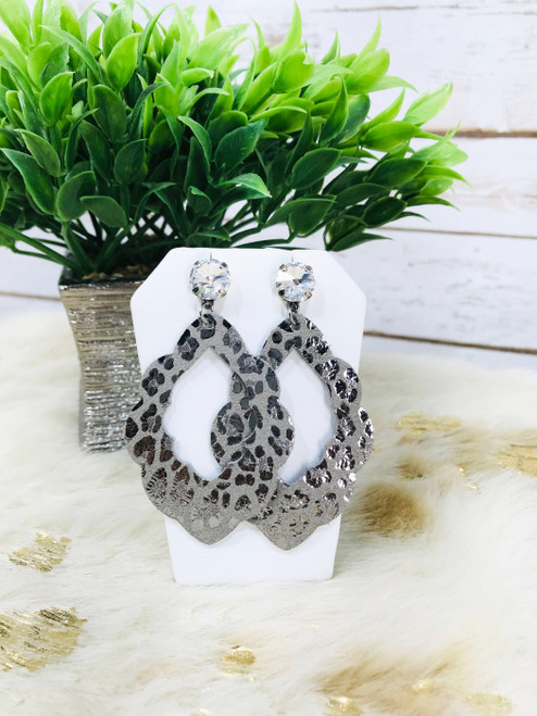 Crystal and Gray Leopard Leather Stud Earrings 