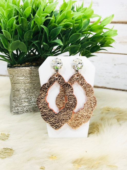 Crystal and Rose Gold Leather Stud/Post Earrings