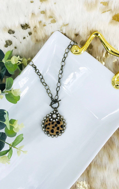 Antique Bronze Leather Pendant & Chain Charm Necklace