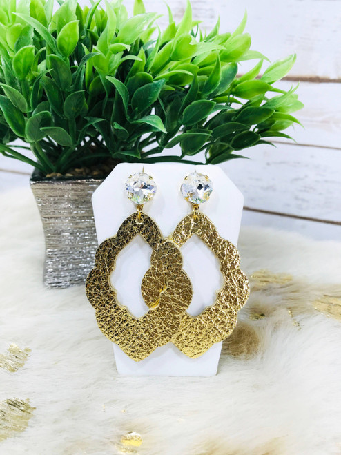 Crystal and Gold Leather Earrings 