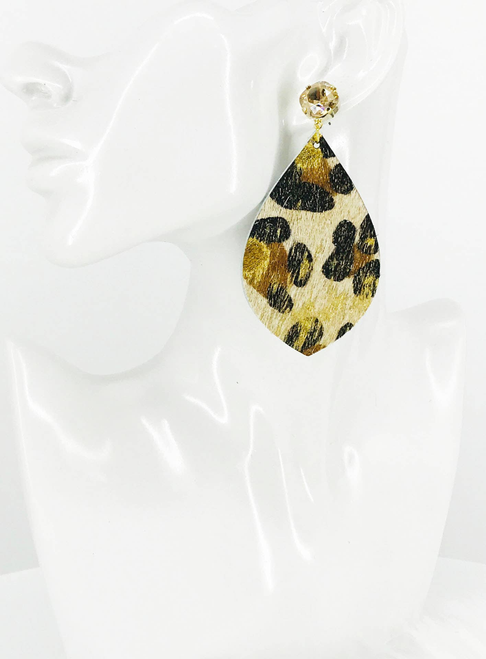 Crystal and Acid Wash Hair On Leopard Leather Earrings 