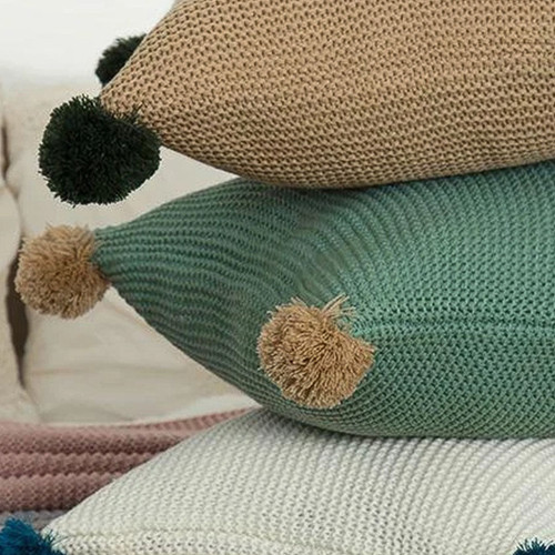 Ribbed Knit Pillowcase with PomPoms Boho Decorative Cushion Covers