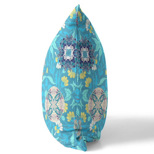 20" X 20" Blue And Turquoise Broadcloth Floral Throw Pillow