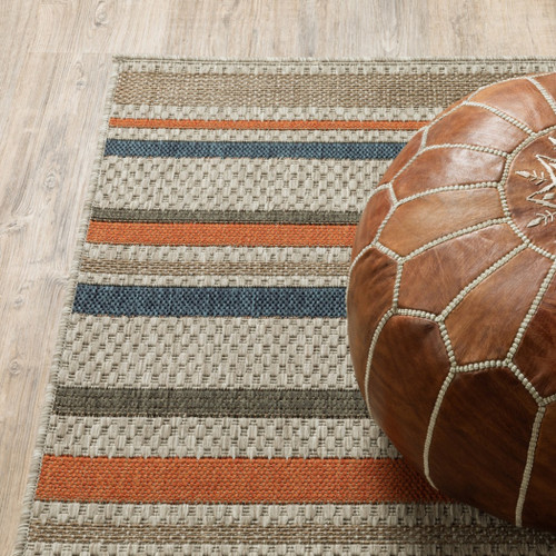 7' X 9' Blue and Gray Striped Indoor Outdoor Area Rug