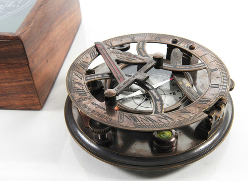 5" X 5" X 4" Sundial Compass In Wood Box Large