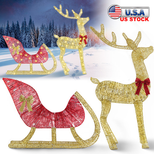 Lighted Christmas Reindeer & Sleigh Indoor Outdoor Christmas Decoration
