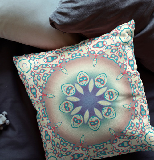 20" X 20" Beige And Blue Broadcloth Floral Throw Pillow