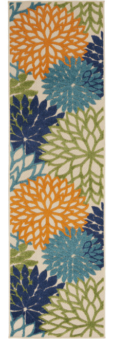 12' Runner Ivory And Blue Floral Indoor Outdoor Runner Rug