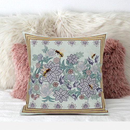 20x20 Light Green Purple Brown Bee Blown Seam Broadcloth Animal Print Throw Pillow