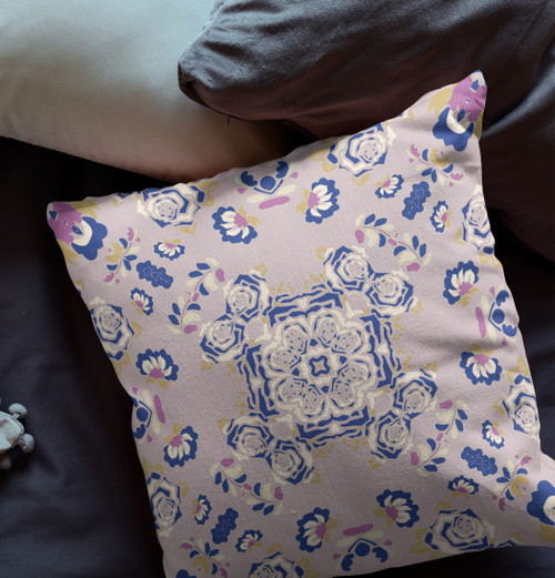 26" X 26" Purple And Blue Broadcloth Floral Throw Pillow