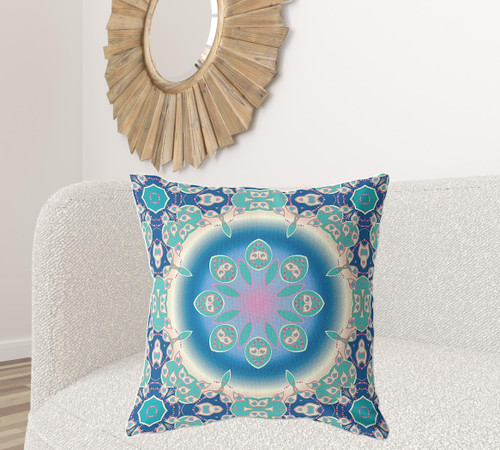 28" X 28" Blue And Turquoise Broadcloth Floral Throw Pillow