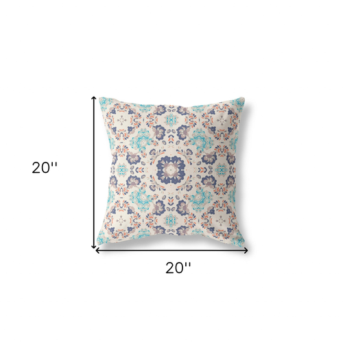 20" X 20" Off White And Blue Broadcloth Floral Throw Pillow