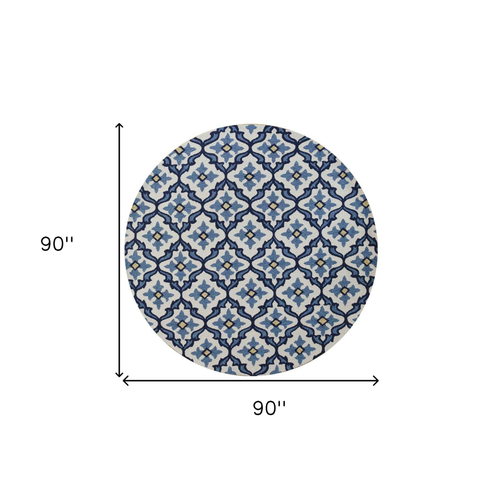 8' Round Ivory and Blue Moroccan Handmade Indoor Outdoor Area Rug