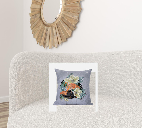 18x18 Green Orange Gray Bird Blown Seam Broadcloth Animal Print Throw Pillow