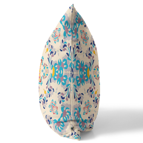 28" X 28" Off White And Blue Broadcloth Floral Throw Pillow