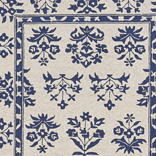 5' X 7' Sand Or Blue Floral Bordered Indoor Outdoor Area Rug