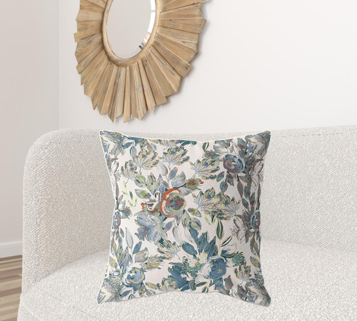 26" X 26" Green And Grey Broadcloth Floral Throw Pillow