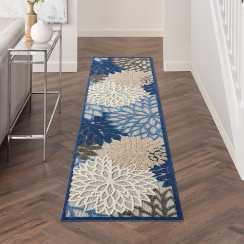 2' X 10' Blue And Gray Floral Indoor Outdoor Area Rug
