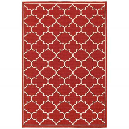 8' X 11' Red and Ivory Indoor Outdoor Area Rug