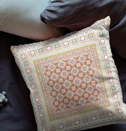 20" X 20" Off White And Orange Broadcloth Floral Throw Pillow