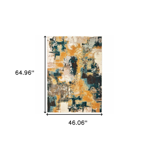 4' X 6' Blue And Gold Abstract Strokes Area Rug