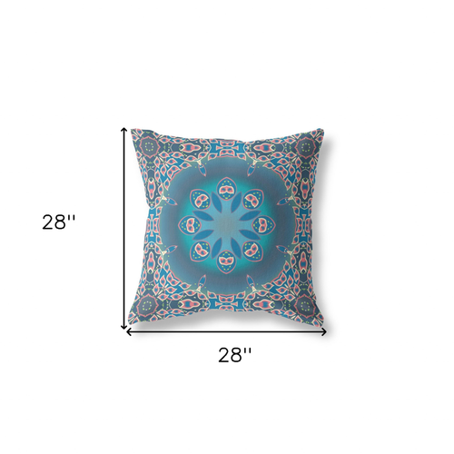 28" X 28" Blue And Pink Broadcloth Floral Throw Pillow