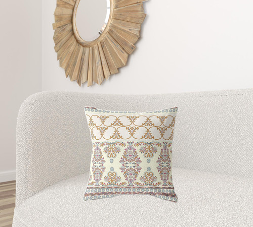 20" X 20" Off White And Orange Broadcloth Floral Throw Pillow