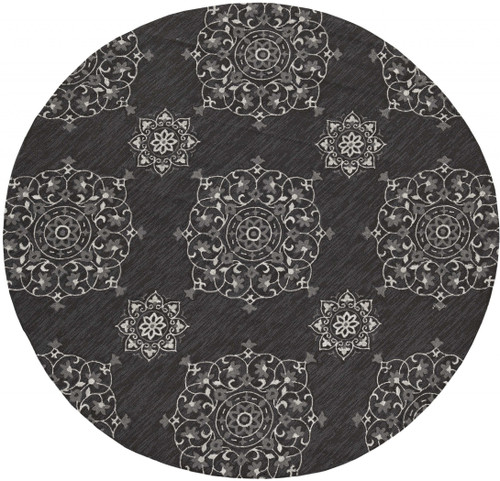 8' Round Charcoal Round Floral Handmade Indoor Outdoor Area Rug