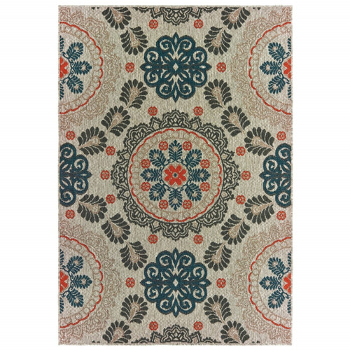 7' X 9' Blue and Gray Damask Indoor Outdoor Area Rug