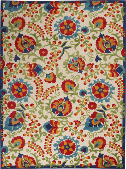 7' X 10' Green And Ivory Floral Indoor Outdoor Area Rug