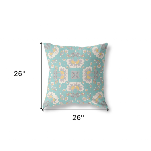 26" X 26" Green And White Broadcloth Floral Throw Pillow