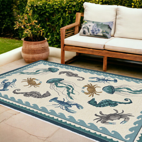 8' X 10' Teal Blue Round Abstract Handmade Indoor Outdoor Area Rug