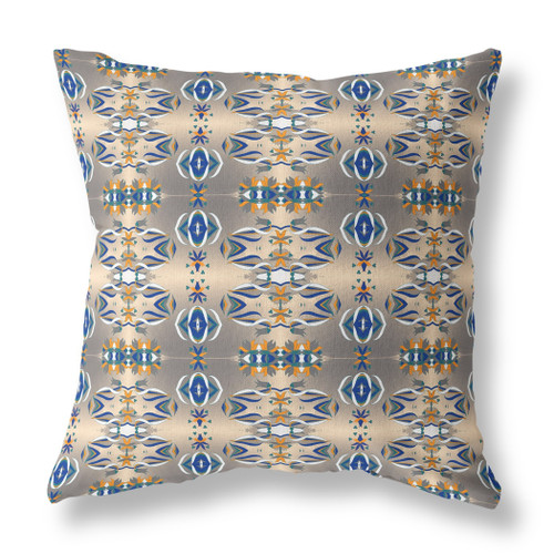 20" X 20" Brown And Blue Broadcloth Floral Throw Pillow