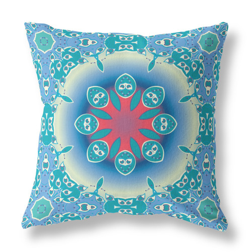 20" X 20" Blue And Red Broadcloth Floral Throw Pillow