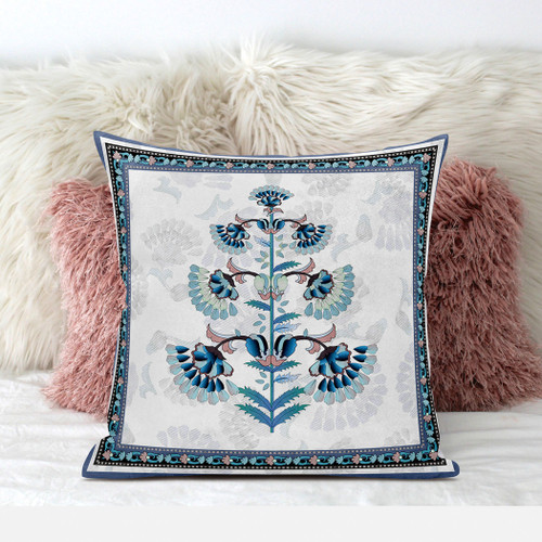20x20 Off White Blue Black Blown Seam Broadcloth Floral Throw Pillow