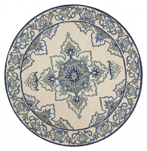 8' Round Gray and Ivory Round Damask Handmade Indoor Outdoor Area Rug