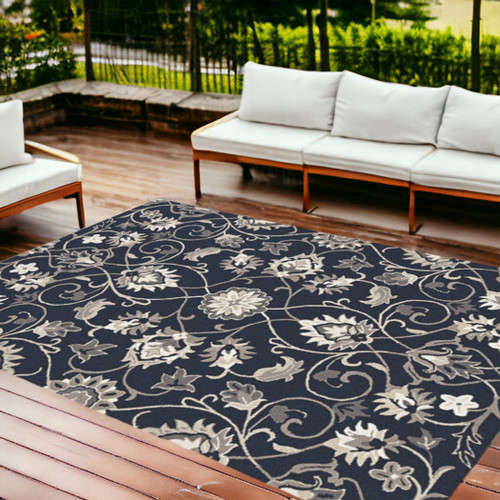 8' X 10' Navy Blue Round Floral Handmade Indoor Outdoor Area Rug
