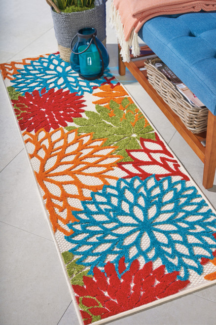 6' Runner Ivory Blue and Orange Floral Indoor Outdoor Area Rug