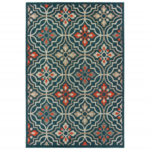 7' X 9' Blue and Orange Moroccan Indoor Outdoor Area Rug