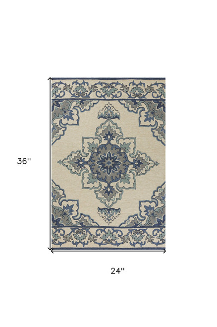 2' X 3' Ivory and Blue Damask Handmade Indoor Outdoor Area Rug